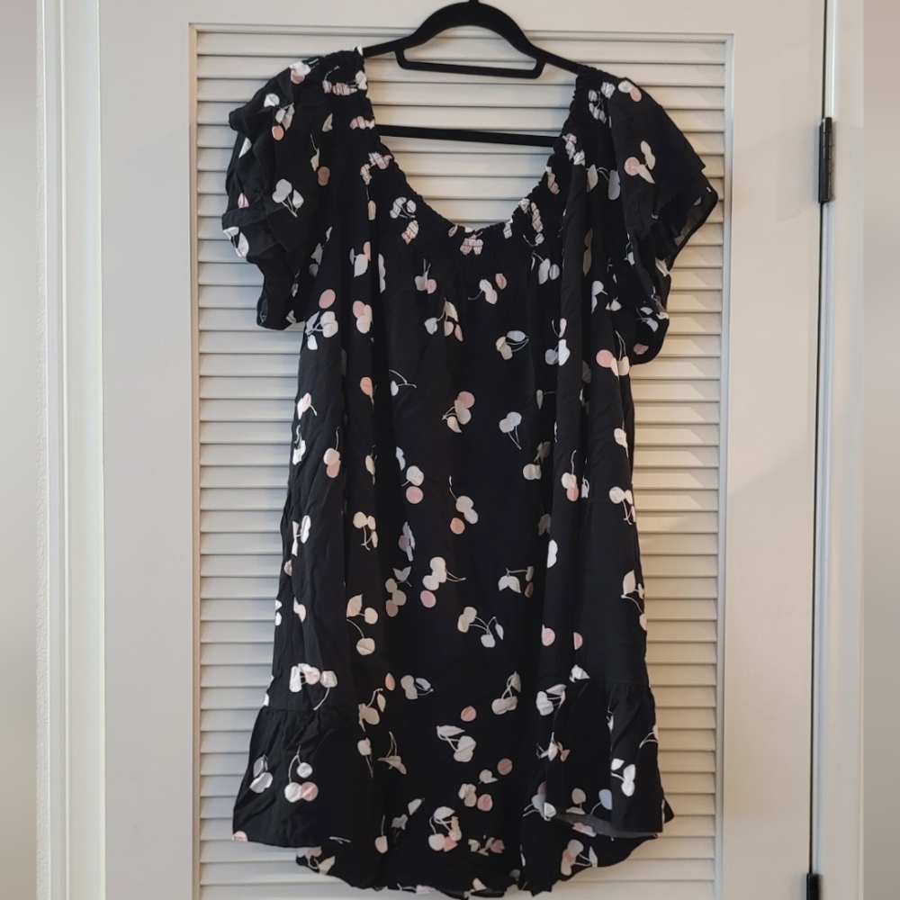 Avenue- (Plus-Size) Woven Off Shoulder Cherry Short-Sleeve Ruffle Dress
